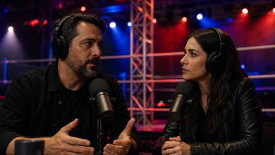 Dois apresentadores em um estúdio de podcast com microfones e elementos visuais inspirados em uma arena de luta livre