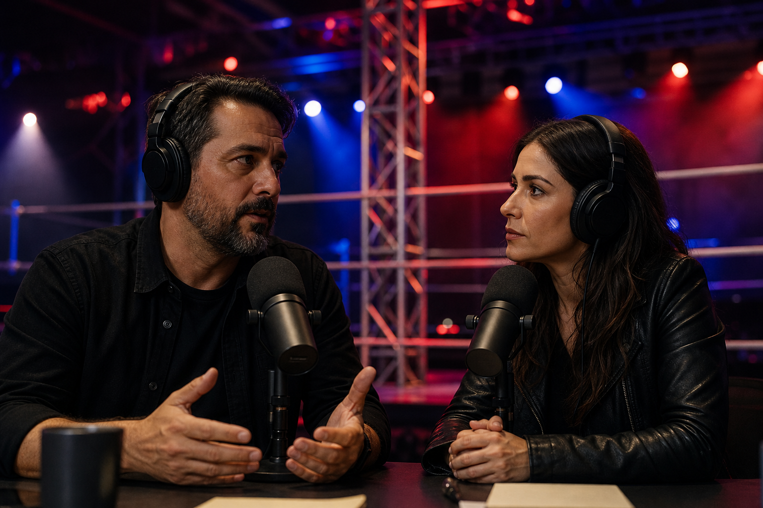 Dois apresentadores em um estúdio de podcast com microfones e elementos visuais inspirados em uma arena de luta livre