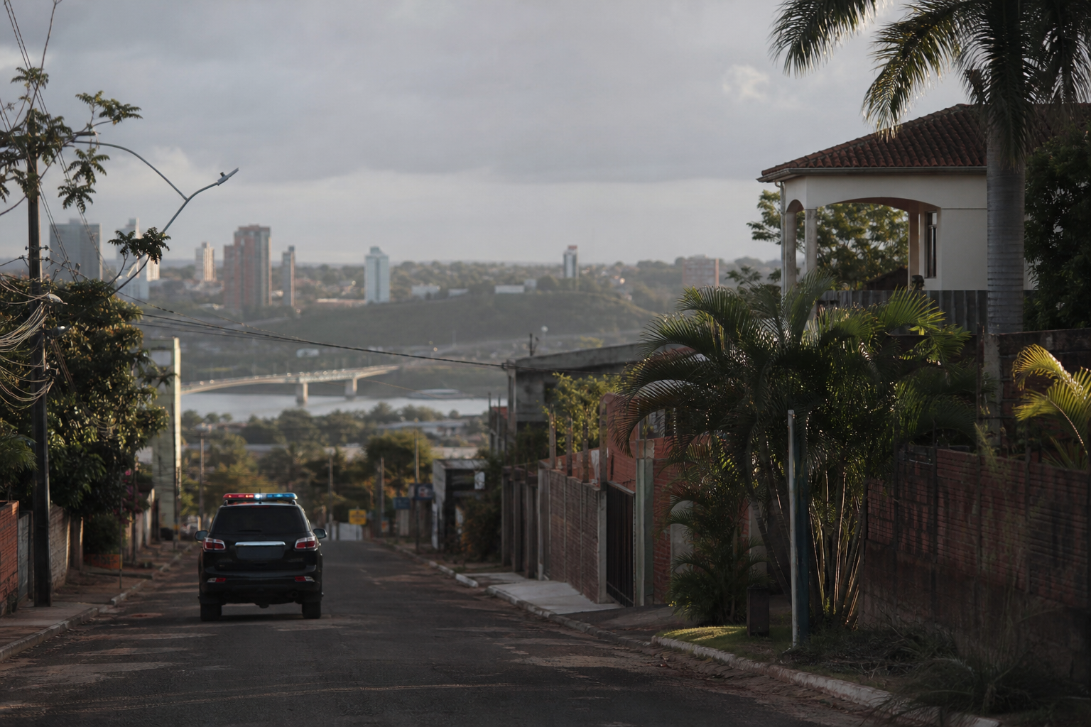 Viatura policial em área urbana de fronteira entre Brasil e Paraguai, com composição editorial sem identificação de pessoas ou documentos