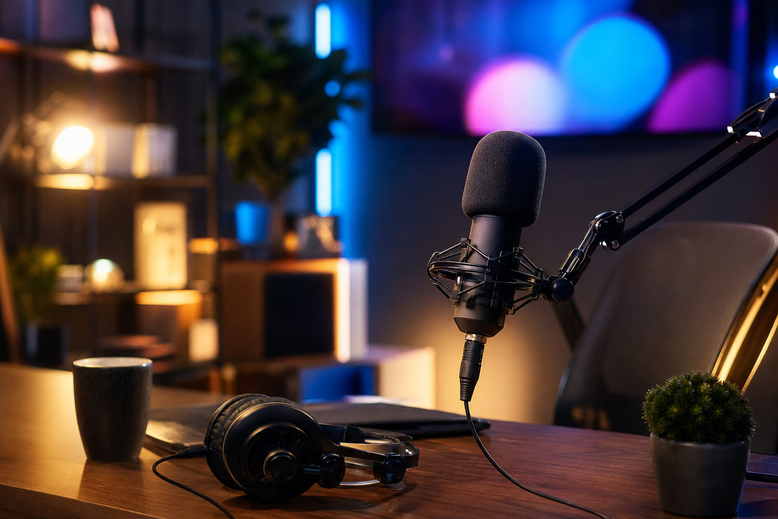 Microfone em estúdio de gravação com elementos visuais abstratos inspirados em streaming e entretenimento