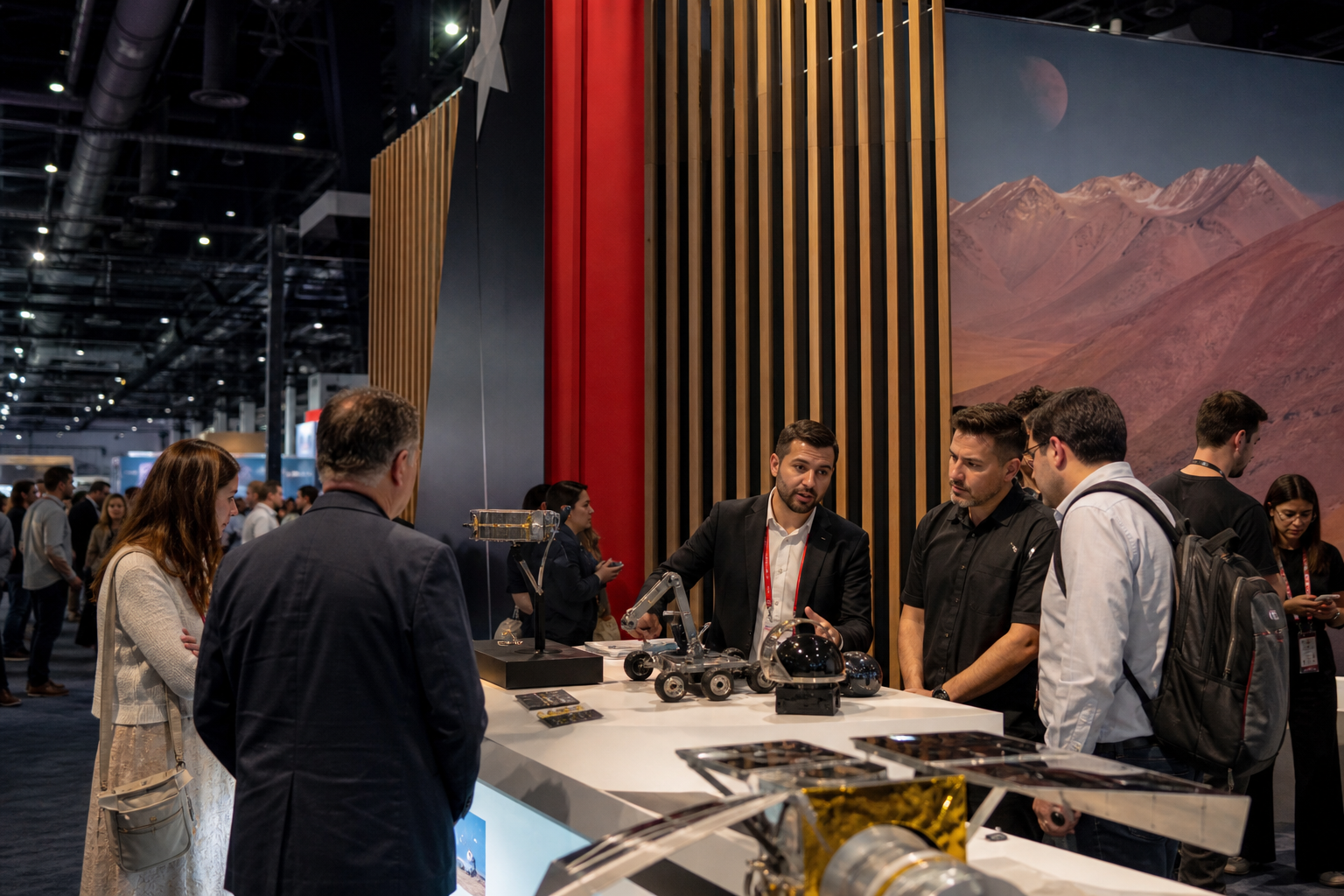 Pavilhão chileno de inovação tecnológica em feira internacional, com empreendedores apresentando soluções de robótica e energia, sem textos visíveis.